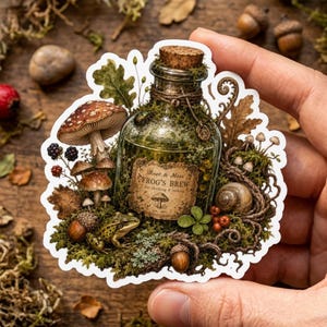 Könnte beinhalten: Ein gestanzter Aufkleber mit einer Glasflasche mit Korkverschluss, beschriftet mit 'Root & Moss FROG'S BREW'. Die Flasche ist umgeben von grünem Moos, braunen Pilzen, einem kleinen Frosch, Eicheln, Beeren und einer Schnecke auf einem Waldboden.