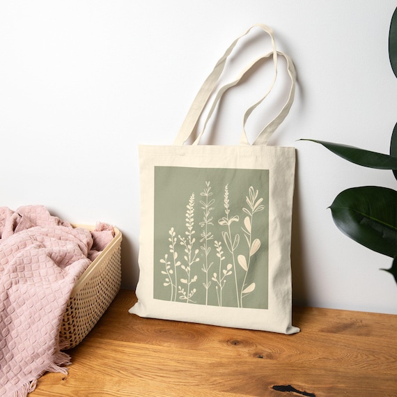 Sage Green Floral Tote Bag, Minimalist Botanical Canvas Bag, Eco