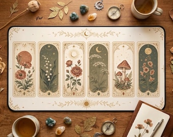 Vintage Botanical Tarot Panels Desk Mat | Floral Mushroom Moon Deskpad