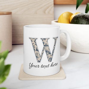 Monogram Mug Letter W, Vintage Toile Mug, Personalized Gift, Classic Initial Coffee Cup, Elegant White Mug, French Chic Style Mug