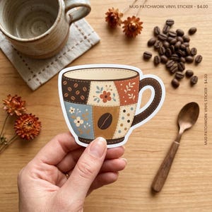 Pegatina troquelada para taza de café con diseño de patchwork / Calcomanía floral para portátil con diseño de grano de café