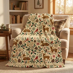 May include: A cream-colored throw blanket featuring a repeating pattern of brown deer, red cardinals, green pine branches, brown pinecones, and white snowflakes. The design includes holly berries and leaves distributed across the fabric surface.