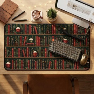 Cozy Vintage Bookshop Desk Mat | Bookshelves, Hot Cocoa, Pinecones