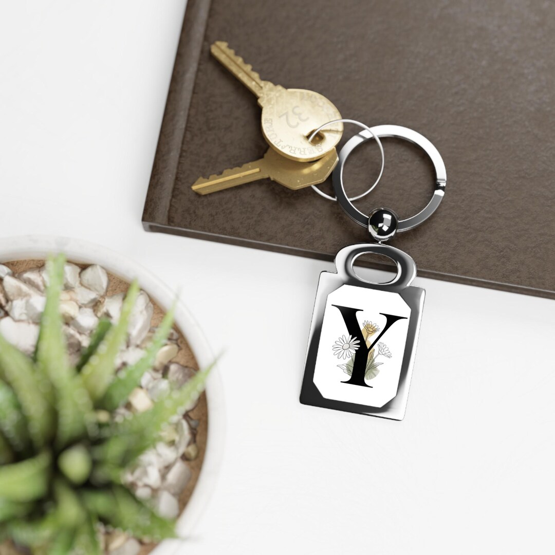 Floral Daisy Monogram Y Keychain Rectangle Photo Keyring, April Daisy ...