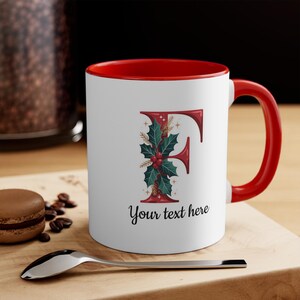 Christmas Monogram Letter F Mug, Holiday Alphabet Mug, Personalized Letter Coffee Cup, Holly Berries Mug, Red Green Christmas Cup