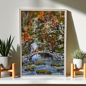 Kate Devey Artist – Original Acrylic Autumn Bridge Scene, Textured English Landscape Painting, Signed Artwork, One of a Kind