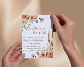 Redigerbar födelsedagsbrunchinbjudan, brunchinbjudan, blommor, pampasgräs, boho, mimosa, utskrivbar eller textinbjudan