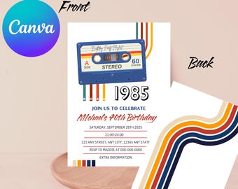 Redigerbar mall | Vintage 1985 | Inbjudan till födelseårsfest | Dekorationer till 40-årsfest i vitt och guld | Tillbaka 1985 | 1980