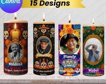 15x Día De Los Muertos ljusetiketter | Höga cylinderformade ljusinpackningar | Redigerbara canvas minnesklistermärken | Altardekoration begravningsetiketter Digitala