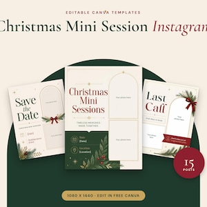 Modèles Instagram pour mini-séances photo de Noël, 15 publications festives pour photographes, compte à rebours des réservations, marketing pour mini-séances, modèle Canva