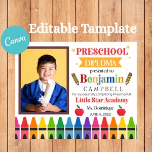 Bearbeitbares Vorschuldiplom mit Foto, Abschlusszertifikat, personalisiertes Schulschild, druckbares 8x10-Schild, PreK-Grad-Vorlage