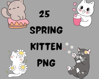 Spring Kittens Digital Stickers, 2D flat floral cat clipart, goodnotes stickers, cute spring png, cat digital journaling set, transparent