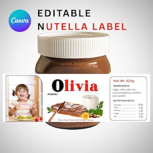 Personalized Nutella Jar Labels, Custom Hazelnut Spread Labels, Printable Nutella Stickers, custom jar label, Digital label, Canva editable