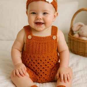 Crochet baby onesie, baby play suit, crochet baby jumpsuit, crochet baby booties, Rust baby sweater, baby bloomers, crochet baby outfit