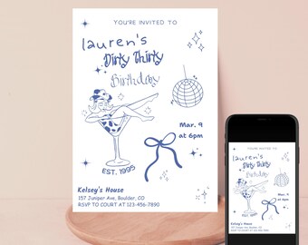 Handritad Dirty Thirty-födelsedagsinbjudan, 30-årsdag Coastal Cowgirl-födelsedag, Dirty 30, Dirty Thirty-inbjudan redigerbar mall Doodle