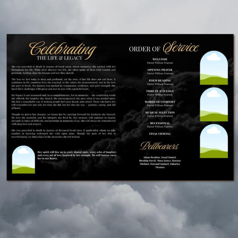 Black & Gold Funeral Program Template: 8-Page Memorial (Canva, Digital Download) image 4
