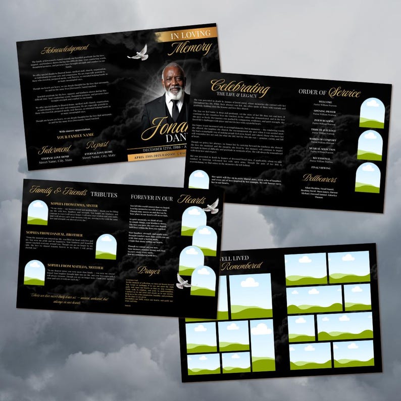 Black & Gold Funeral Program Template: 8-Page Memorial (Canva, Digital Download) image 2