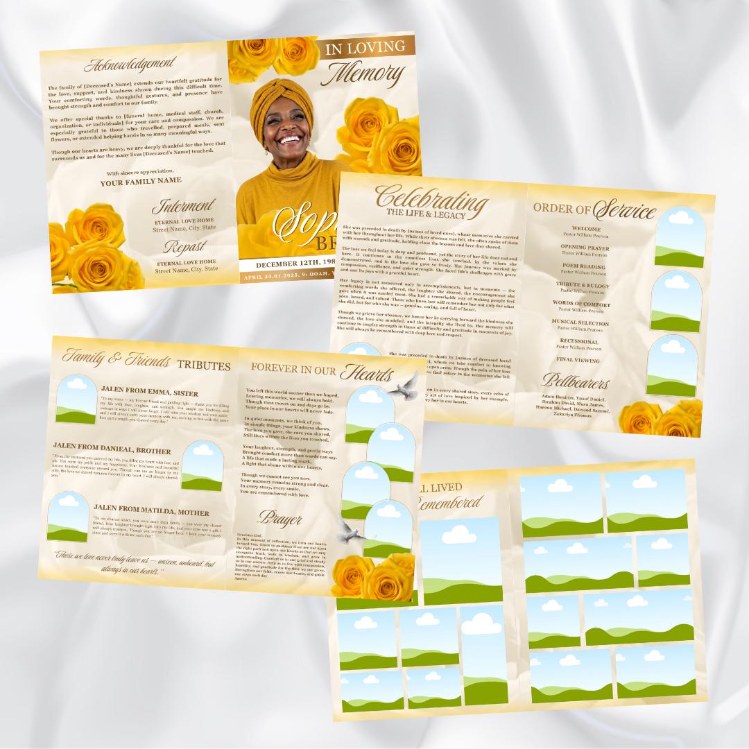 Yellow Roses Funeral Vector Yellow Roses Funeral Program Template: Gold Obituary Booklet (canva ...