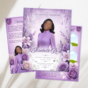 White & Purple Roses Funeral Program Template, Memorial Obituary (Canva Template)