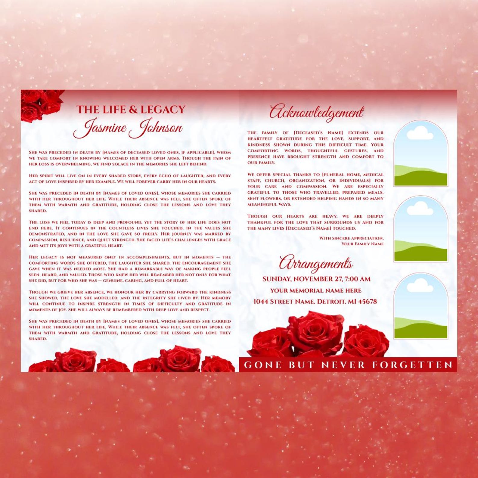Red Roses Funeral Program Template: 8-page Memorial (canva, Digital ...