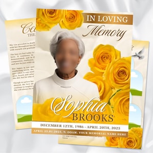 Plantilla de programa funerario de Rosas Amarillas: Folleto de obituario dorado (Canva, 17x11, descarga digital)