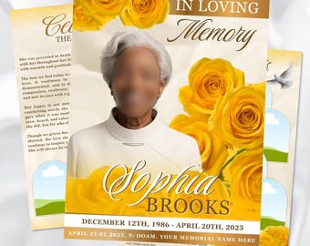 Yellow Roses Funeral Program Template: Gold Obituary Booklet (Canva, 17x11, Digital Download)