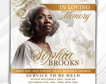 White Gold Funeral Announcement Flyer: Celebration of Life Invitation (Canva Template, 8x8) (Digital Download