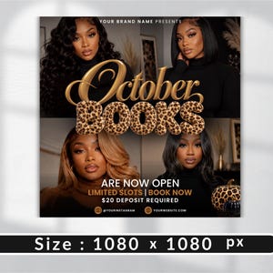 Bokningsflyer för oktober, mall för Halloween-skönhetsflyer, redigerbart Canva-hår, naglar, fransar, smink, öppna böcker för oktober, omedelbar nedladdning