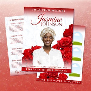 Red Roses Funeral Program Template: 8-Page Memorial (Canva, Digital Download 17x11"