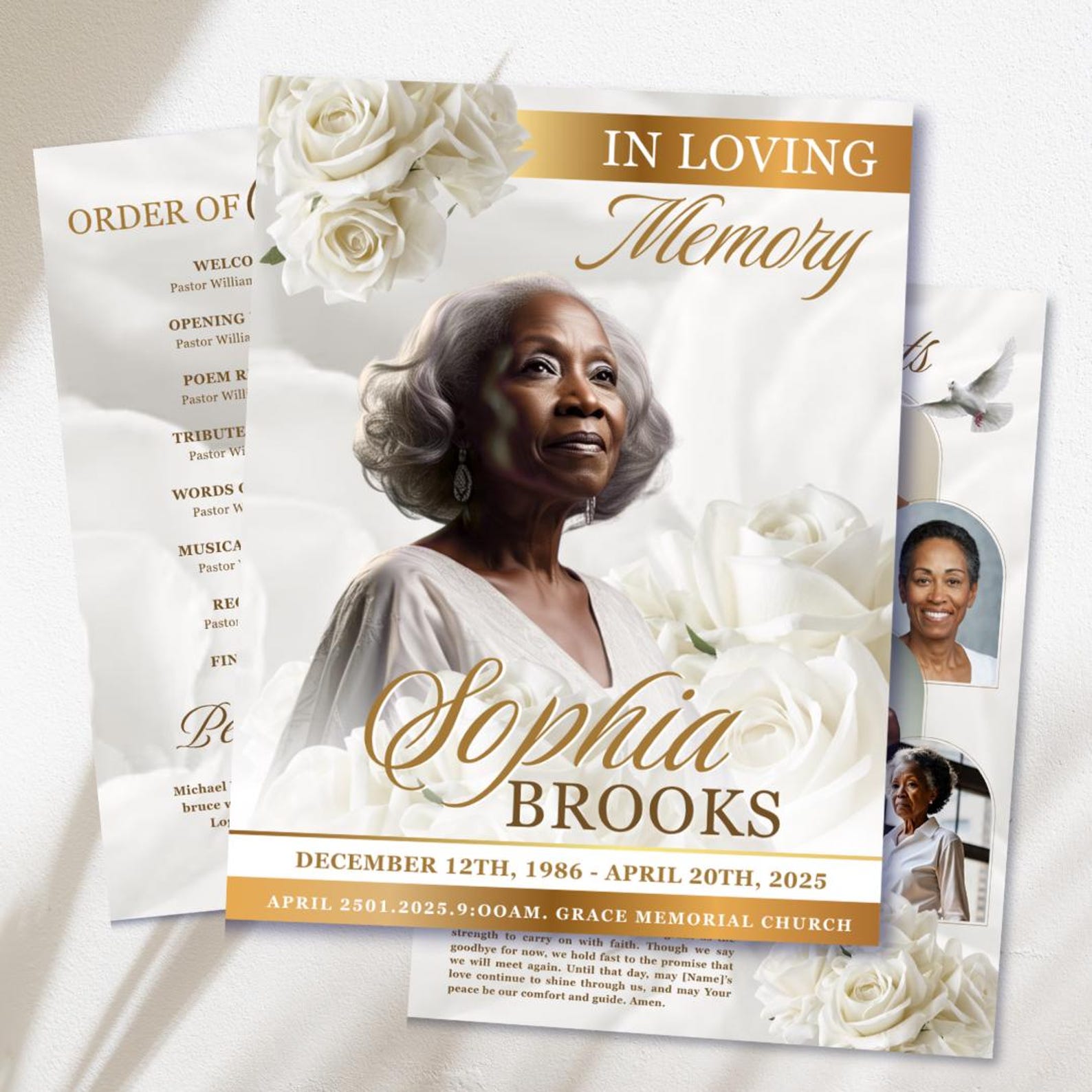 White Roses Funeral Program Template: 8-page Memorial (canva, 17x11 ...