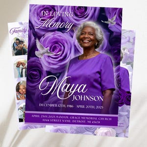 May include: A memorial card with a purple floral background and a photo of a smiling woman. The card reads "In Loving Memory" and includes the name "Maya Johnson" and dates "December 12th, 1986 - April 20th, 2025". Additional text includes service details.