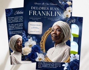 Peut inclure: Un modèle de programme funéraire sur fond bleu profond avec des accents floraux blancs et bleus. Le design inclut le portrait d'une personne portant un turban et une chemise blancs, encadré d'or, avec le texte Forever In Our Hearts, Delores Jean Franklin, Rising Radiance et Evening Embrace.