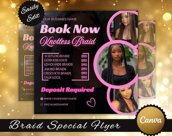 Editable Braids Flyer: Knotless Braid Specials (Canva Template)