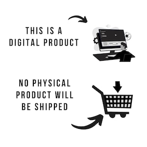 Peut inclure: Un graphique num&eacute;rique avec du texte noir indiquant THIS IS A DIGITAL PRODUCT et NO PHYSICAL PRODUCT WILL BE SHIPPED. L'image comprend une illustration en noir et blanc d'une personne devant un ordinateur et une ic&ocirc;ne de caddie avec une fl&egrave;che.