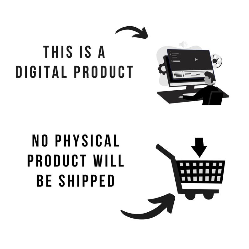 Peut inclure: Un graphique num&eacute;rique avec du texte noir indiquant THIS IS A DIGITAL PRODUCT et NO PHYSICAL PRODUCT WILL BE SHIPPED. L'image comprend une illustration en noir et blanc d'une personne devant un ordinateur et une ic&ocirc;ne de caddie avec une fl&egrave;che.