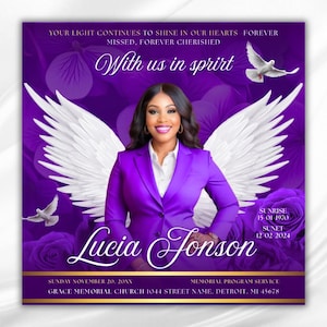 Purple Floral Funeral Announcement Flyer: Celebration of Life (Canva Template Digital Download 8x8&quot; )