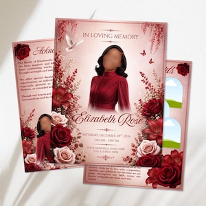 May include: A funeral program template featuring a portrait of a person in a red dress, surrounded by red and blush roses, a white dove, and butterflies. Text includes IN LOVING MEMORY, Elizabeth Rose, and date details on a soft pink background.
