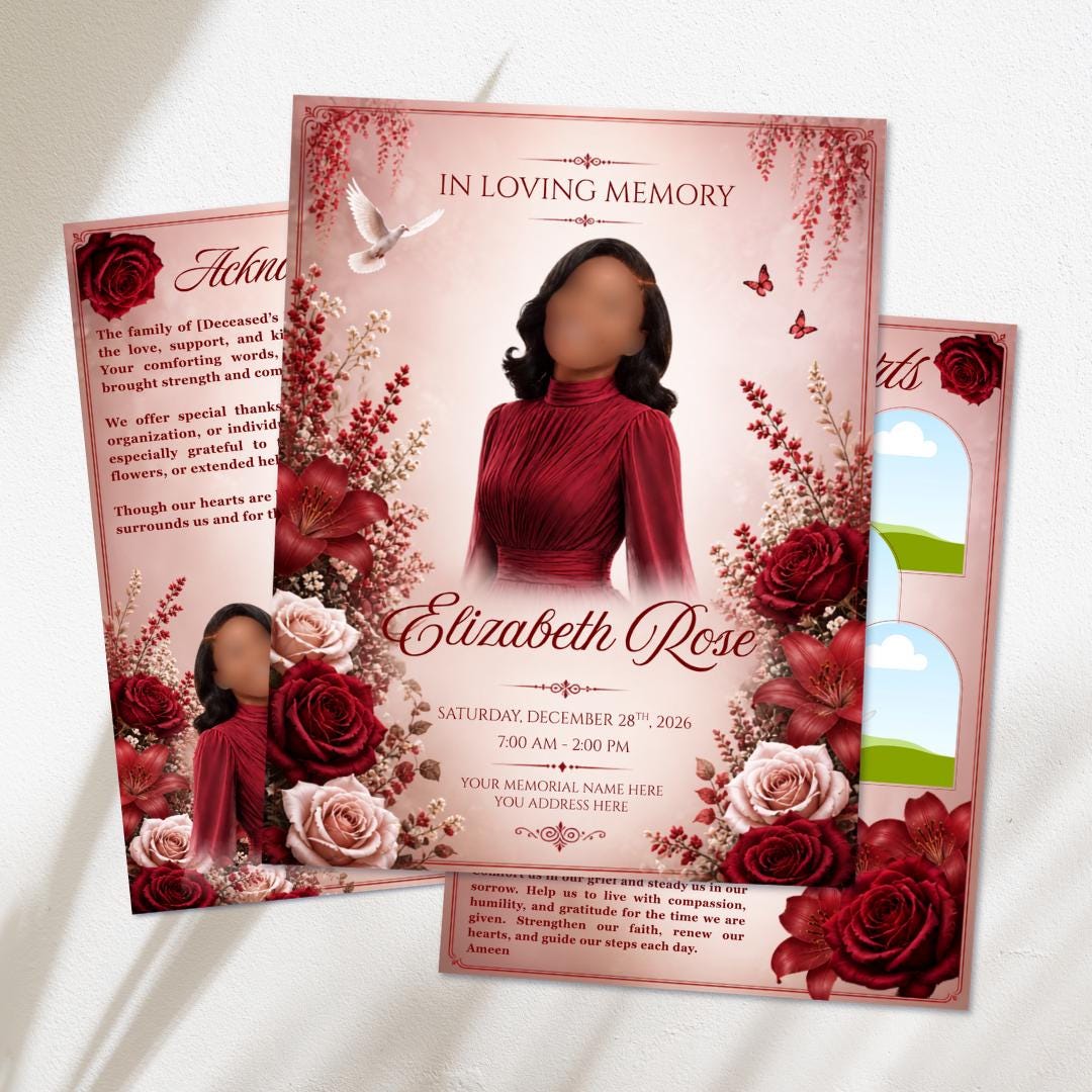 Red Roses Funeral Program Template, Memorial Obituary (canva Template ...