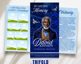 Royal Blue Roses Funeral Program Template: Trifold Memorial (Canva Template)