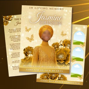 Puede incluir: Una plantilla de programa conmemorativo en tonos dorados con el texto IN LOVING MEMORY, Jasmine Johnson, 12 de diciembre de 1974-marzo de 2025 y FOREVER IN OUR HEARTS. Muestra una figura central con turbante y vestido dorado, rodeada de flores y mariposas.