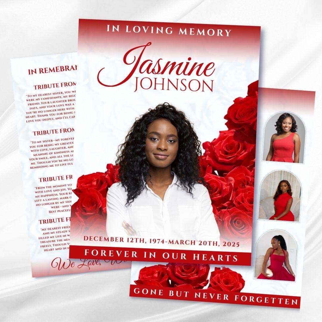 Red Roses Funeral Program Template: 8-page Memorial (canva, Digital ...