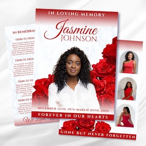 Red Roses Funeral Program Template: 8-Page Memorial (Canva, Digital Download 17x11&quot;