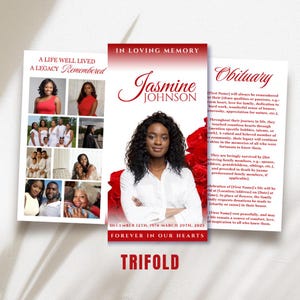 Puede incluir: Una tarjeta conmemorativa tríptica con el texto "In Loving Memory" y "Jasmine Johnson". La tarjeta incluye fotos y las frases "A Life Well Lived, A Legacy Remembered" y "Forever in Our Hearts."