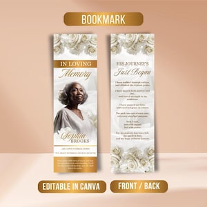 May include: A memorial bookmark with a gold banner that reads "BOOKMARK". The front features a photo of a woman, the text "IN LOVING Memory", and the name "Sophia Brooks". The back has a poem and the text "HIS JOURNEY'S Just Began".