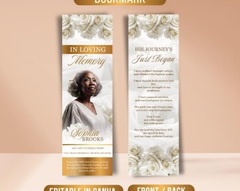 White Gold Roses Memorial Bookmark Template: Funeral Keepsake (Canva PDF)