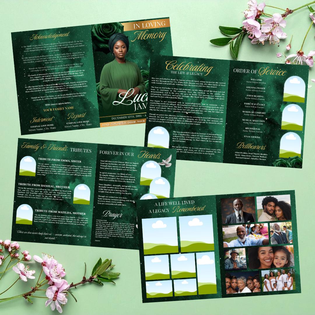Green & Gold Roses Funeral Program Template: 8-page Memorial (canva ...