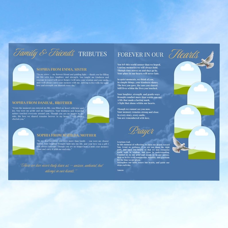 Blue & Gold Funeral Program Template: 8-Page Memorial (Canva, Digital Download) image 5