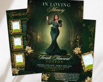 Peut inclure: Carte commémorative avec le texte « In Loving Memory » et le nom « Sarah Haward Foston ». La carte présente une femme en robe verte, des motifs floraux et les dates du 12 janvier 1978 au 10 mars 2025.