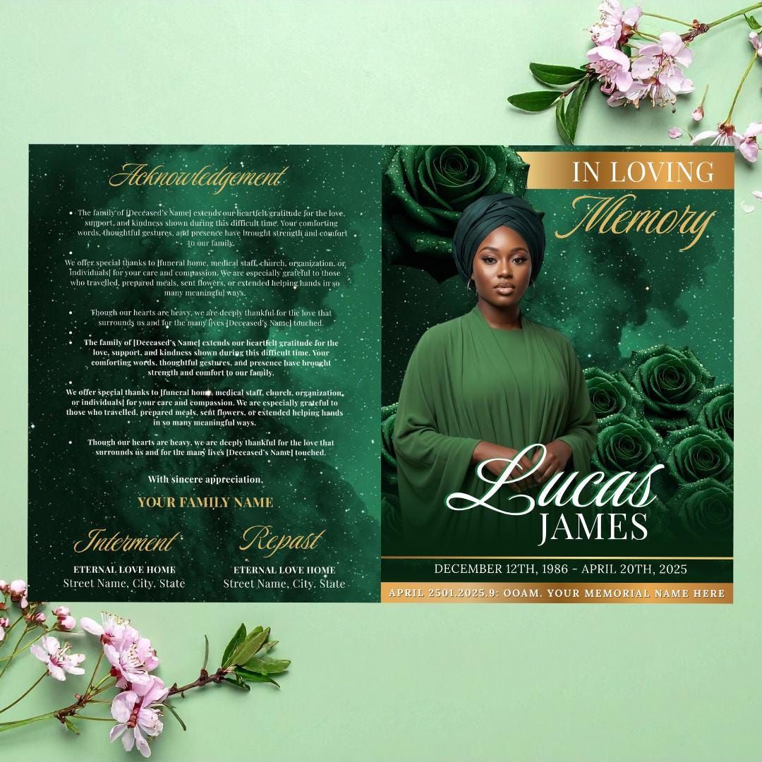 Green & Gold Roses Funeral Program Template: 8-page Memorial (canva ...