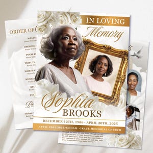 May include: A memorial program with the text "IN LOVING Memory" and the name "Sophia Brooks." The program features a portrait of a woman, surrounded by white roses and a gold frame. Additional text includes dates and church information.